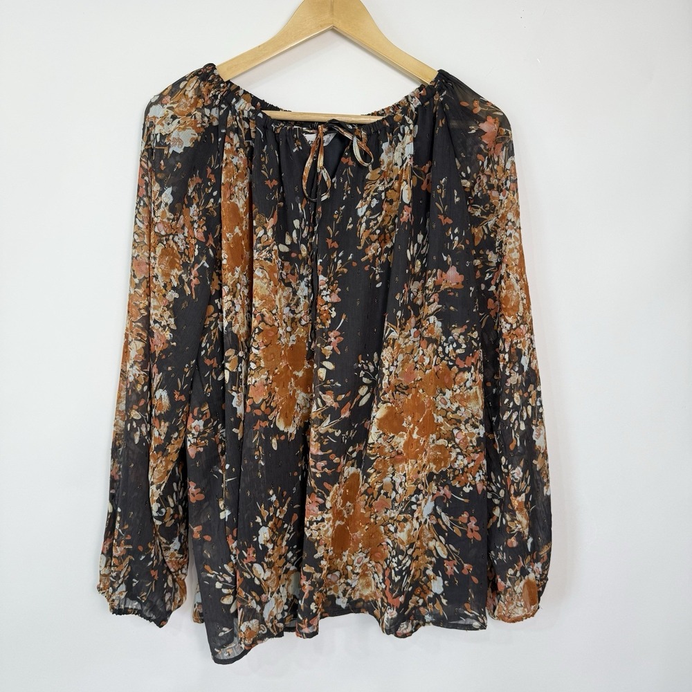 Tantrums Floral Long Sleeve Blouse Womens XXL Black Orange Earth Tones